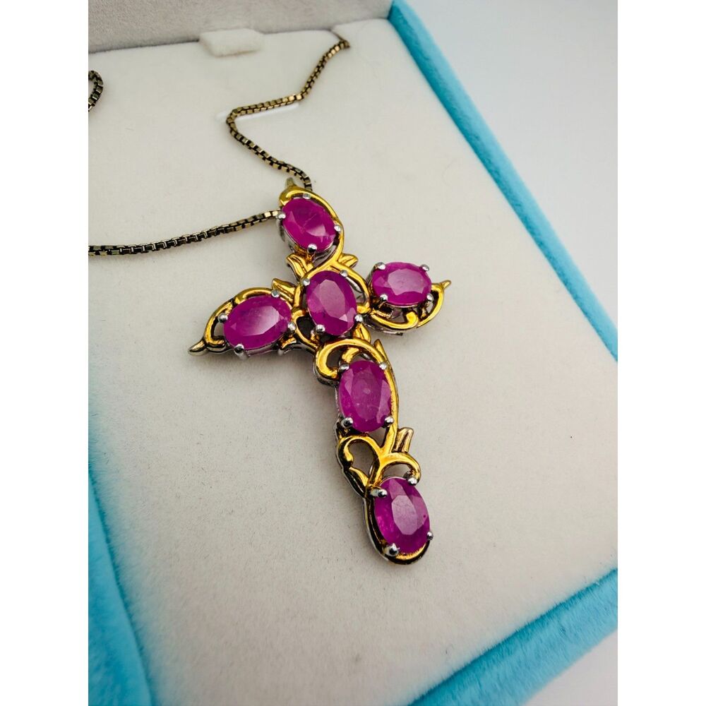 Vintage Two Tone Cross/Crucifix Necklace - Purple stones.